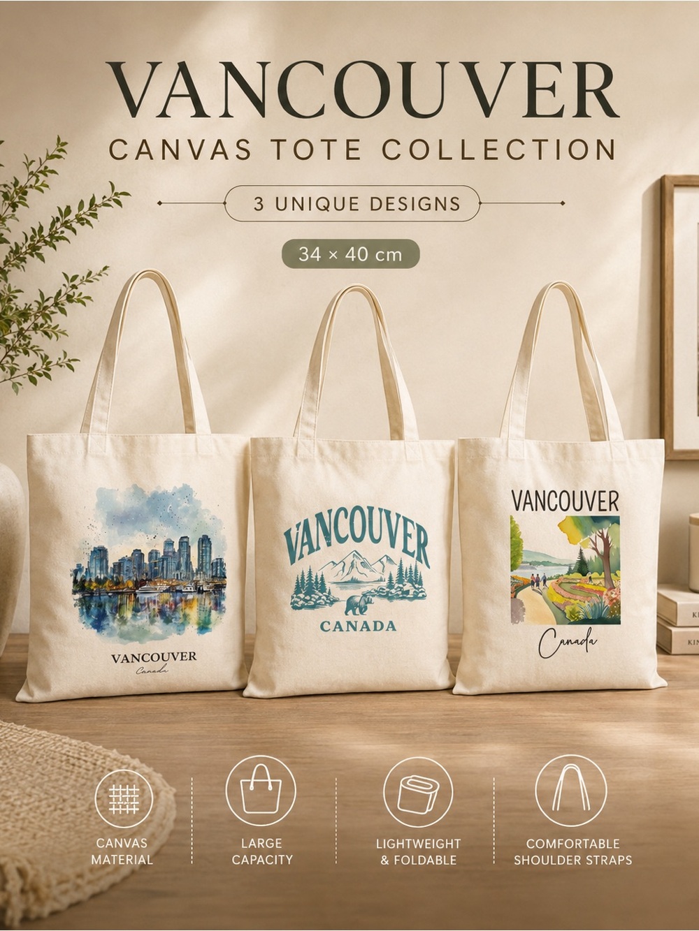 Vancouver Mountain Design Canvas Tote Bag - Cream with Teal Print